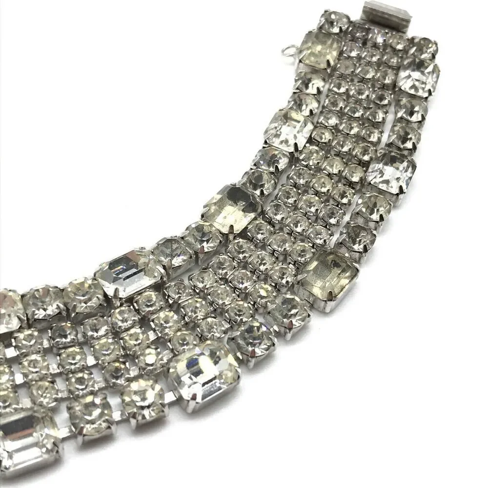 Weiss Signed Vintage Rhinestone Wide Five Row Statement Bracelet W/ Safety Chain